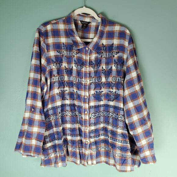 Multiples Womens Linen Floral Embroidered Button Up Plaid Shirt Size 3X Collar - Picture 1 of 5